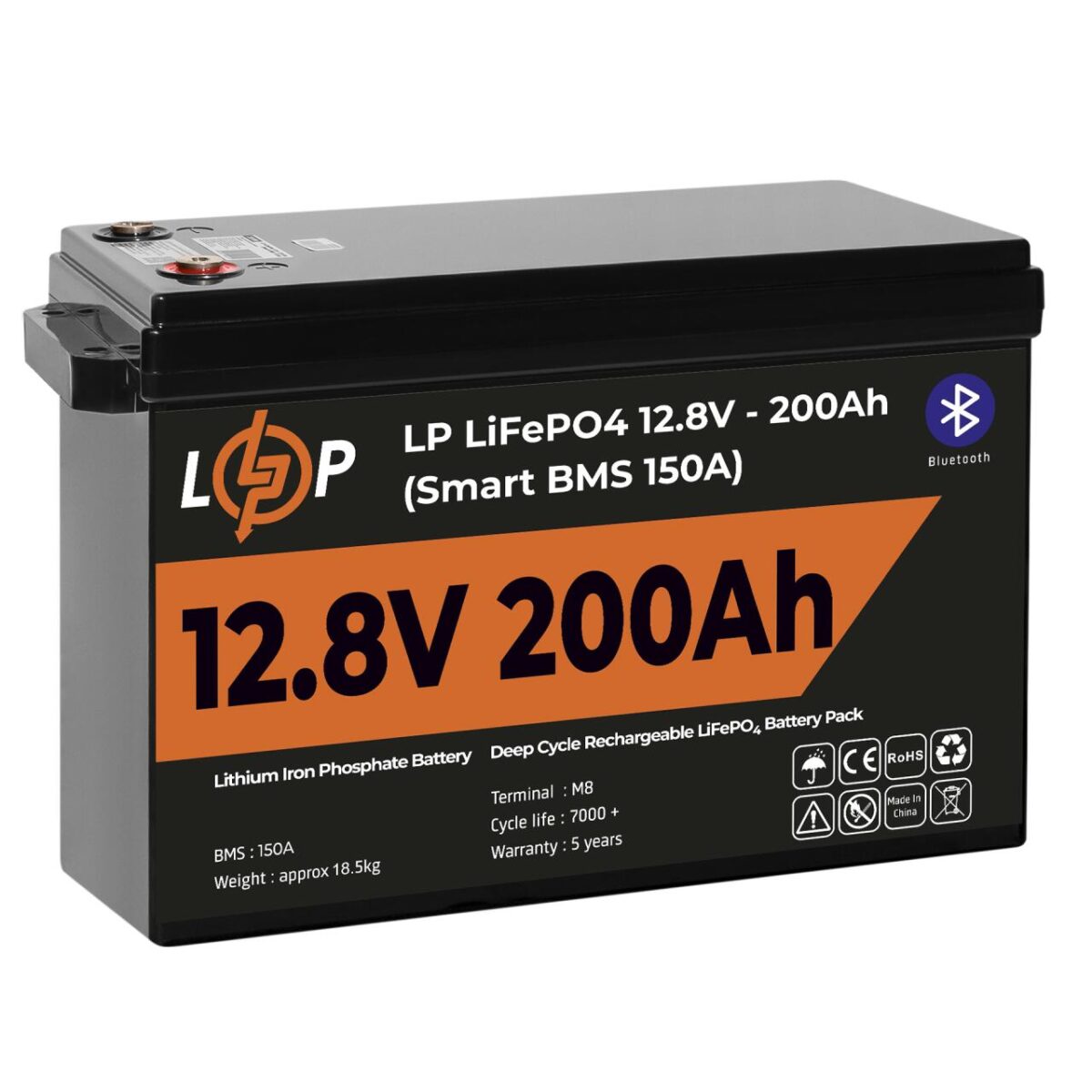 Акумулятор LogicPower LP LiFePO4 12V 12.8V 200Ah 2560Wh Smart BMS 150А з BT пластик - Зображення 4