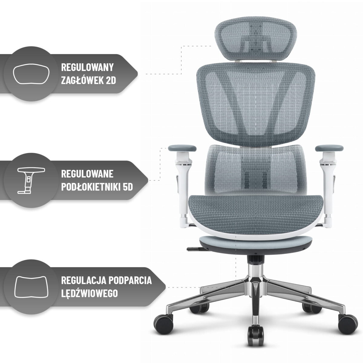 Ергономічне офісне крісло Hell's Chair HC-1044 Grey White, сітка MESH Premium - Зображення 6