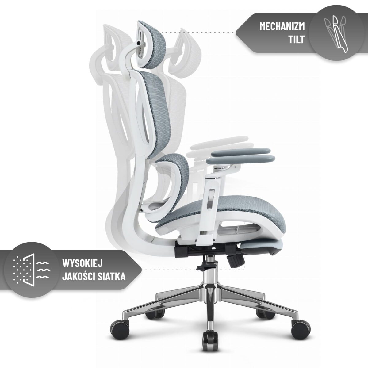 Ергономічне офісне крісло Hell's Chair HC-1044 Grey White, сітка MESH Premium - Зображення 7