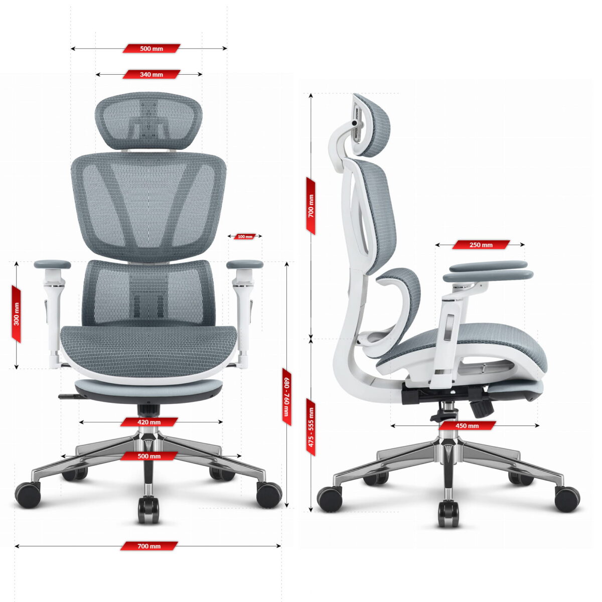 Ергономічне офісне крісло Hell's Chair HC-1044 Grey White, сітка MESH Premium - Зображення 9