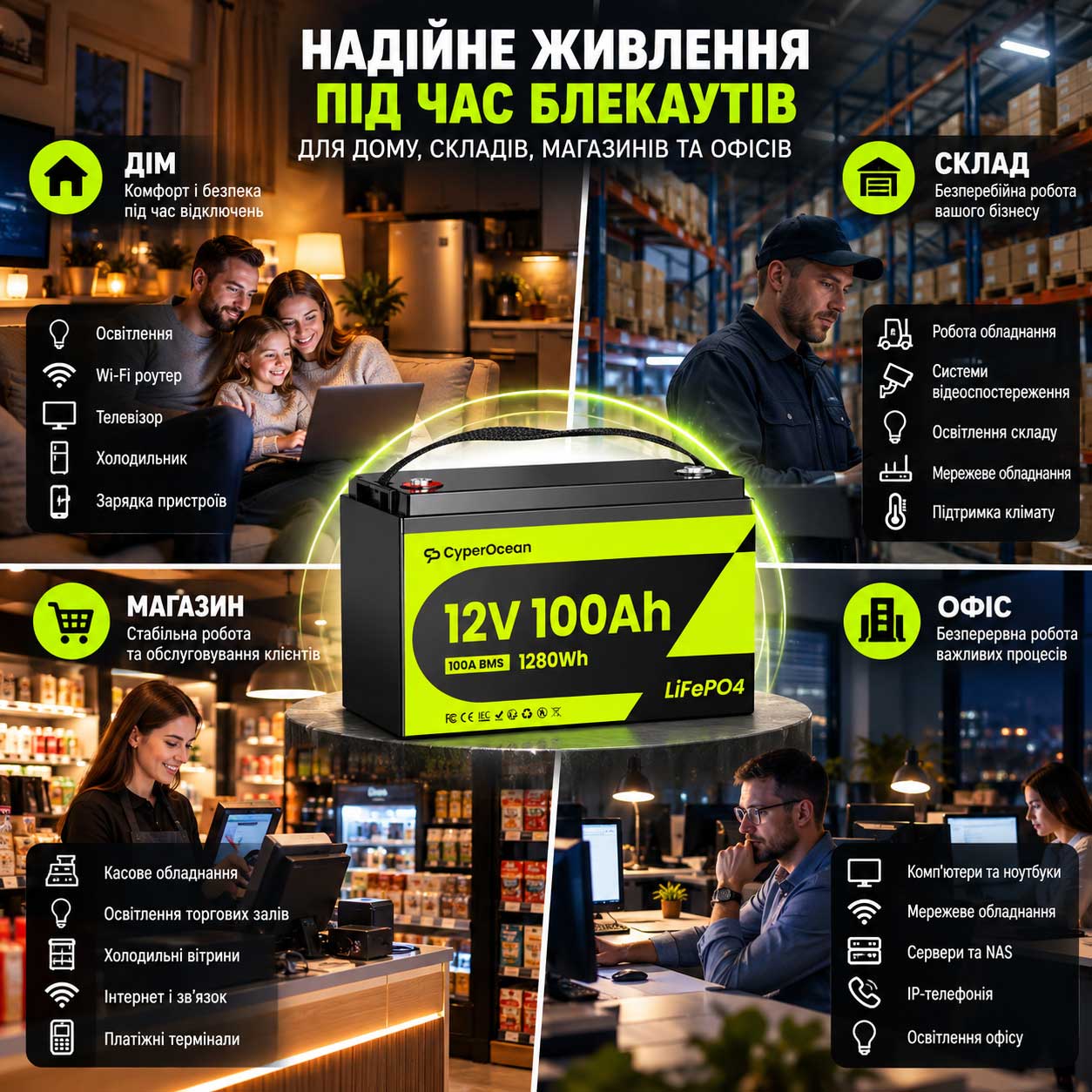 akum1_info Акумулятор LiFePO4 акумуляторна батарея CyperOcean 12.8V 100Ah з BMS 100A інфографіка